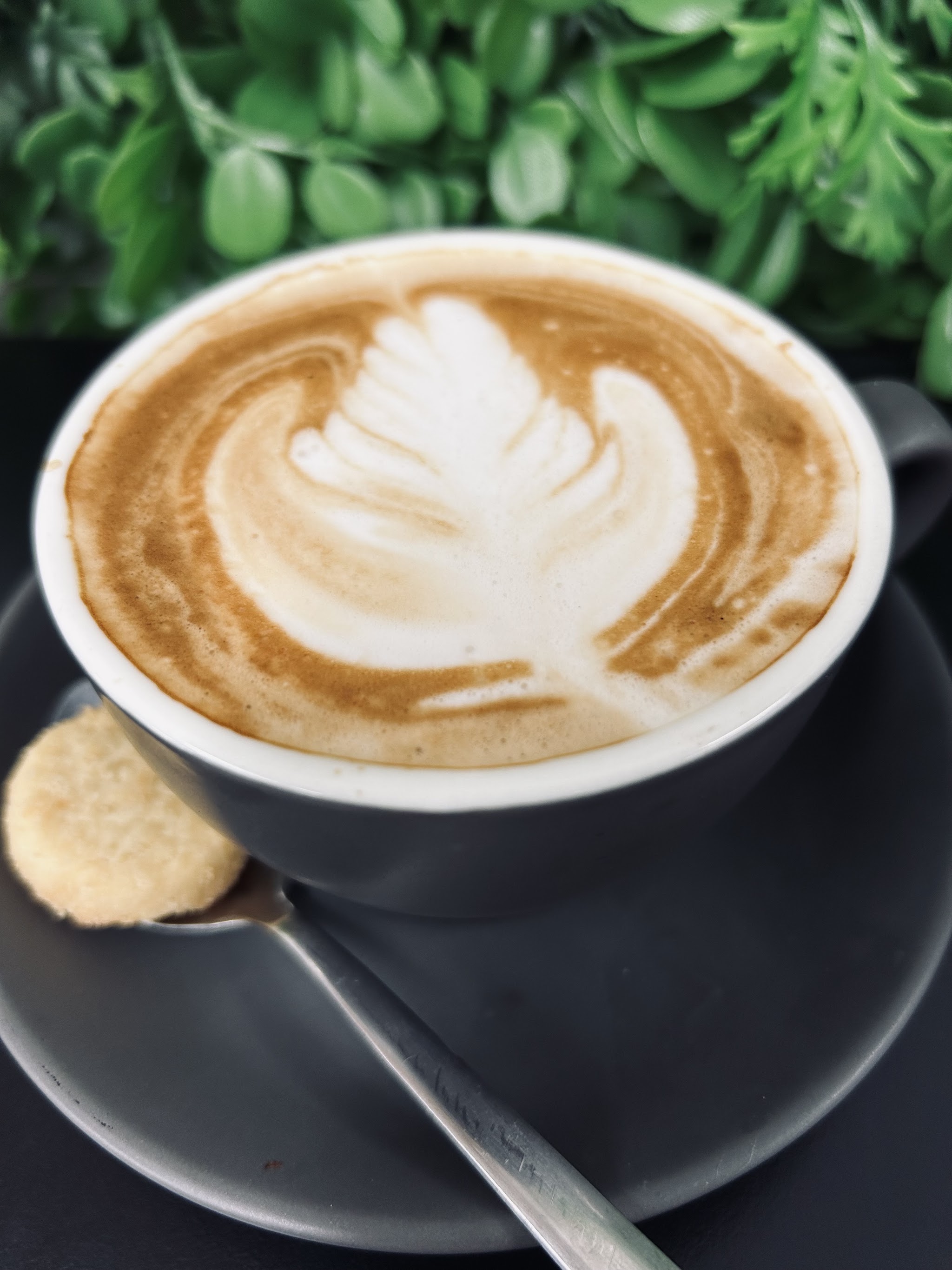 Flat white with latte art and a shortbread biscuit on the saucer